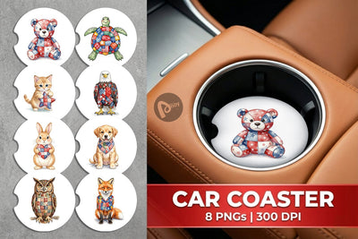 Car Coaster Patriotic Patchwork Animal Watercolor Sublimation artnoy 