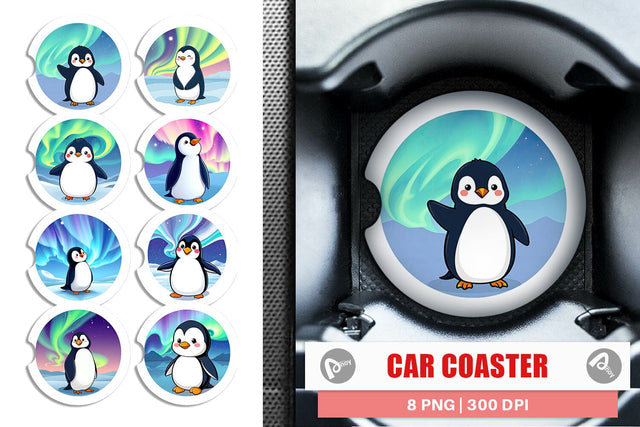 Car Coaster Penguin and Aurora Borealis Sublimation artnoy 