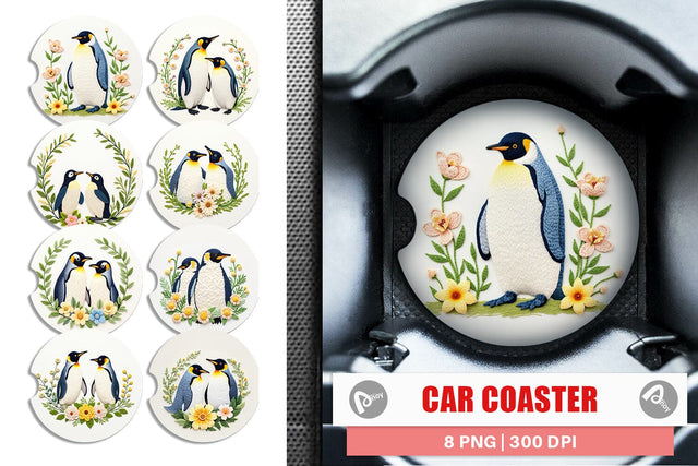 Car Coaster Penguin Embroidery Sublimation artnoy 