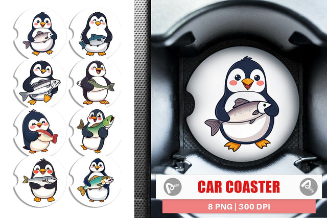 Car Coaster Penguin Holding a Fish Sublimation artnoy 