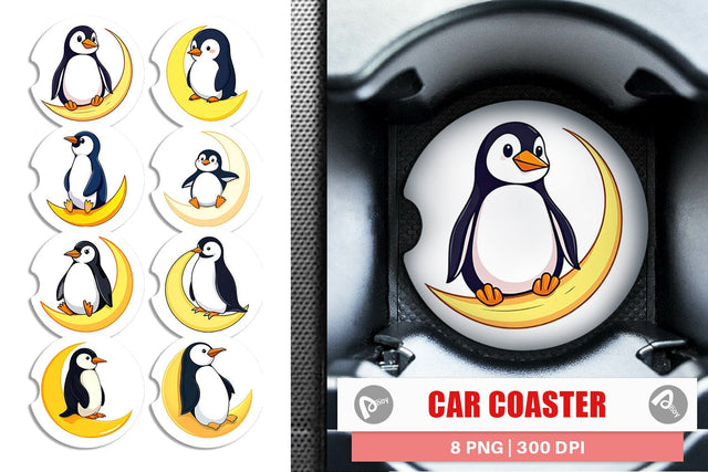 Car Coaster Penguin on a Crescent Moon Sublimation artnoy 