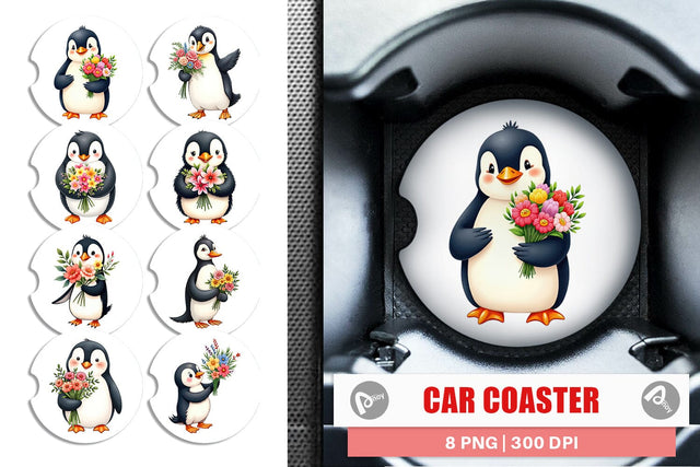 Car Coaster Penguin Spring Bouquet Sublimation artnoy 