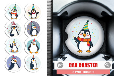 Car Coaster Penguin with a Party Hat Sublimation artnoy 