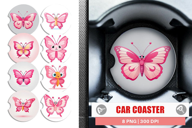 Car Coaster Pink Butterfly Valentine Sublimation artnoy 