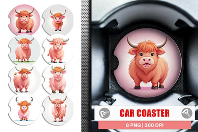 Car Coaster Pink Highland Cow Valentine Sublimation artnoy 