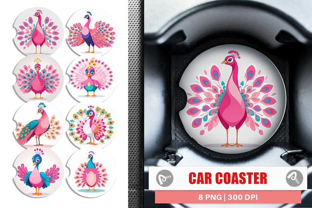 Car Coaster Pink Peacock Valentine Sublimation artnoy 
