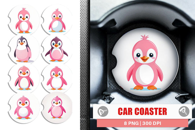 Car Coaster Pink Penguin Valentine Sublimation artnoy 