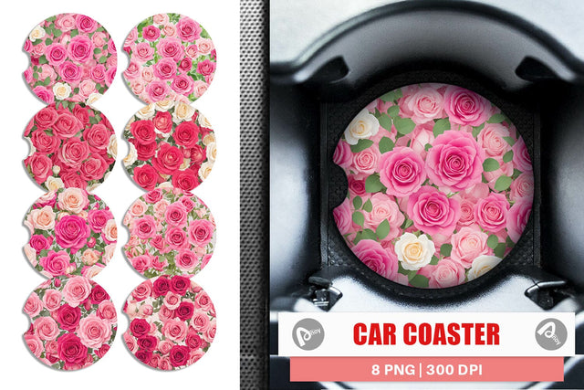 Car Coaster Pink Rose Pattern Sublimation artnoy 