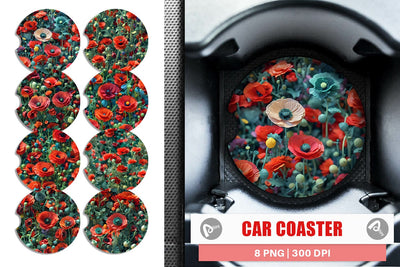 Car Coaster Poppy Flower Pattern Sublimation artnoy 