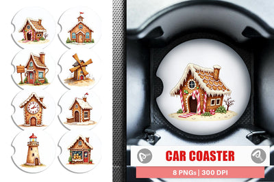Car Coaster Quirky Gingerbread Village Watercolor Sublimation artnoy 