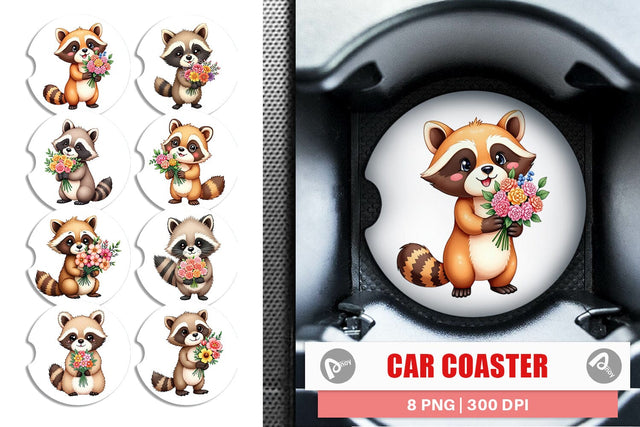 Car Coaster Raccoon Spring Bouquet Sublimation artnoy 