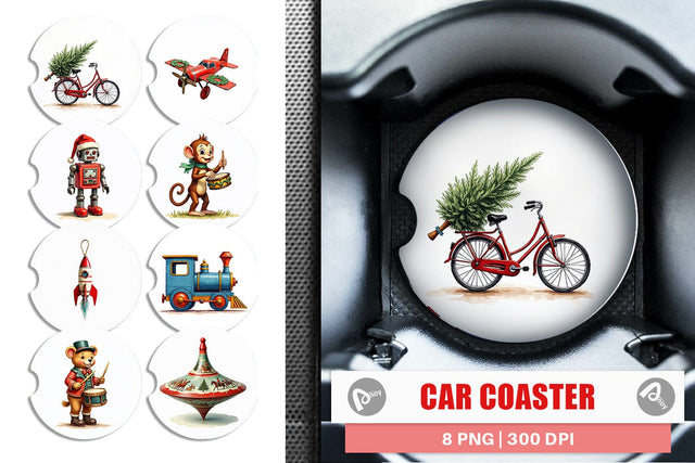 Car Coaster Retro Christmas Tin Toy Treasures Watercolor Sublimation artnoy 