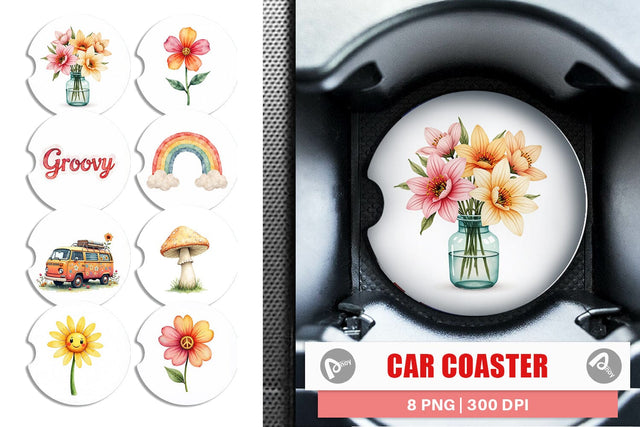 Car Coaster Retro Groovy Florals Sublimation artnoy 