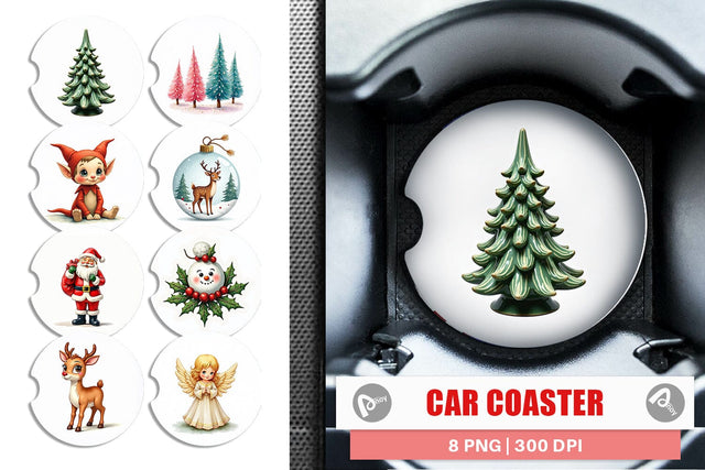 Car Coaster Retro Kitsch Christmas Watercolor Sublimation artnoy 