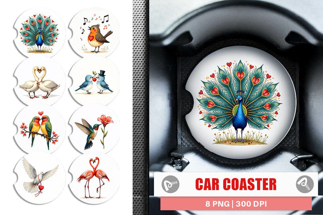 Car Coaster Retro Lovebirds & Swans Valentine Watercolor Sublimation artnoy 