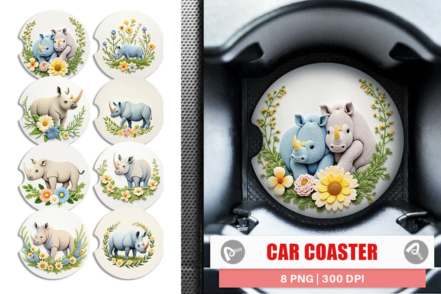 Car Coaster Rhino Embroidery Sublimation artnoy 