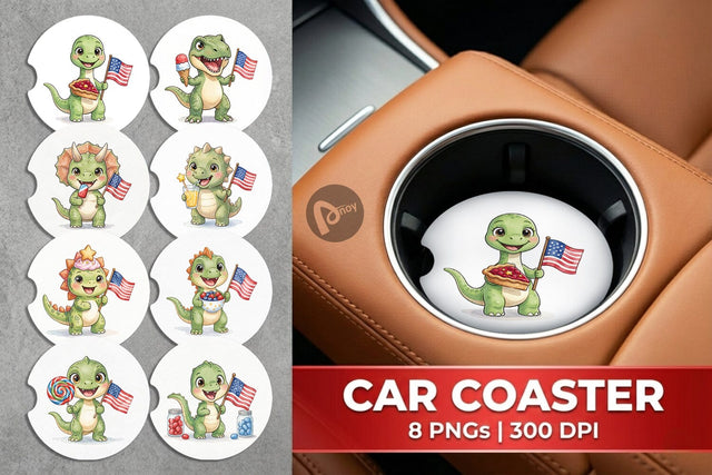 Car Coaster Round Summer Treats Dino Watercolor Sublimation artnoy 