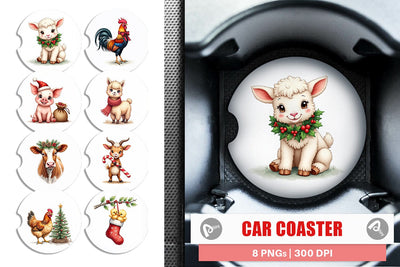 Car Coaster Rustic Farmhouse Christmas Animals Watercolor Sublimation artnoy 