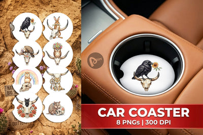 Car Coaster Sarcastic Boho Desert Skull Watercolor Sublimation artnoy 