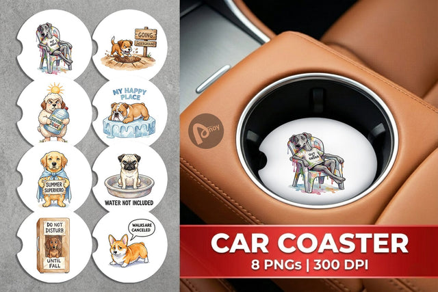 Car Coaster Sarcastic Lazy Summer Dog Watercolor Sublimation artnoy 