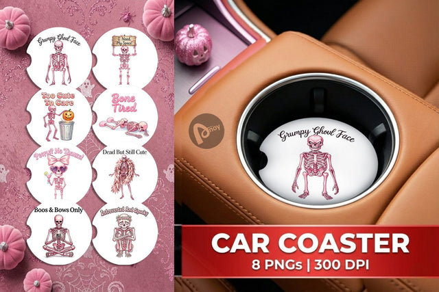 Car Coaster Sarcastic Pink Skeleton Coquette Sublimation artnoy 