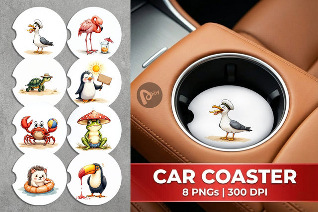 Car Coaster Sarcastic Summer Animals Watercolor Sublimation artnoy 