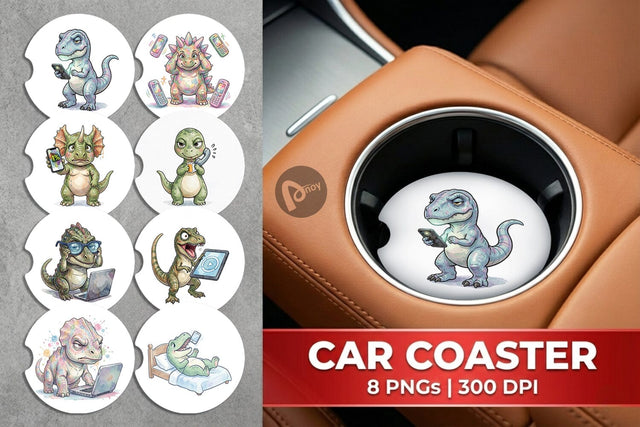 Car Coaster Sarcastic Tech Fatigued Dinosaur Sublimation artnoy 