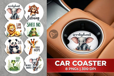 Car Coaster Sassy Big-Eyed Animal Watercolor Puns Sublimation artnoy 