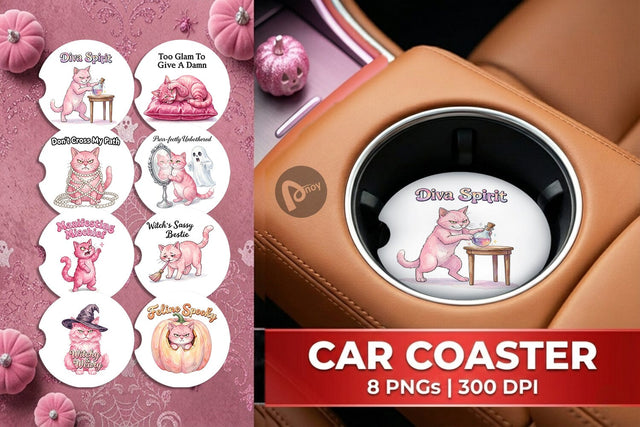 Car Coaster Sassy Pink Cat Halloween Watercolor Sublimation artnoy 