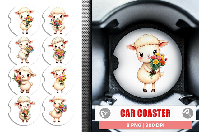 Car Coaster Sheep Spring Bouquet Sublimation artnoy 