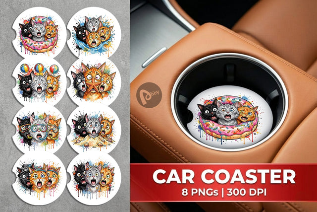 Car Coaster Shocked Beach Cat Heads Ink Sketch Sublimation artnoy 