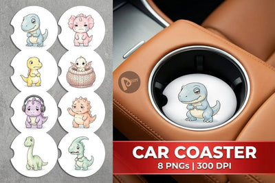 Car Coaster Shy Baby Dinosaur Watercolor Sublimation artnoy 