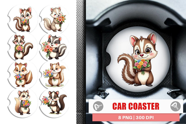 Car Coaster Skunk Spring Bouquet Sublimation artnoy 