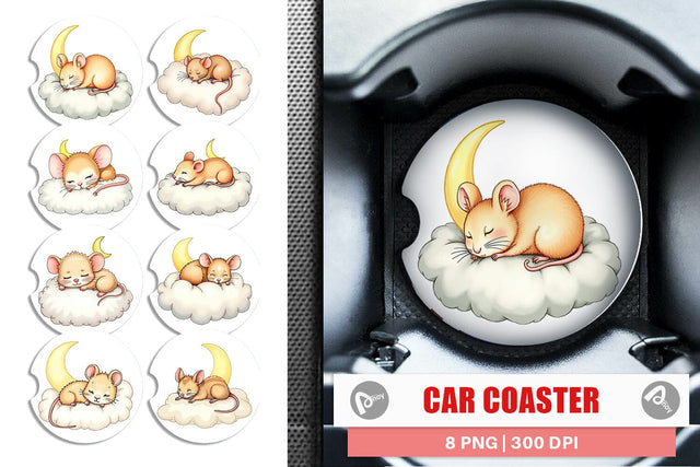 Car Coaster Sleepy Mouse Cloud Sublimation artnoy 