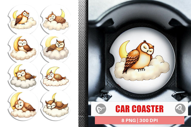 Car Coaster Sleepy Owl Cloud Sublimation artnoy 