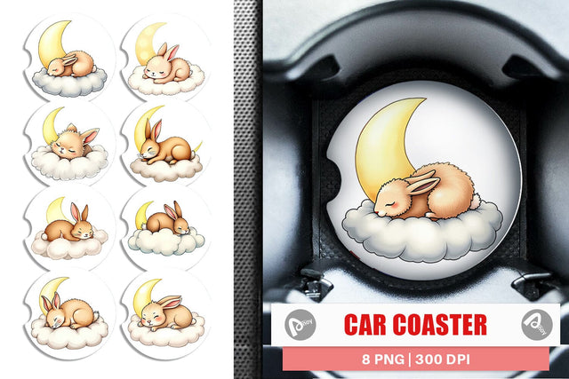 Car Coaster Sleepy Rabbit Cloud Sublimation artnoy 