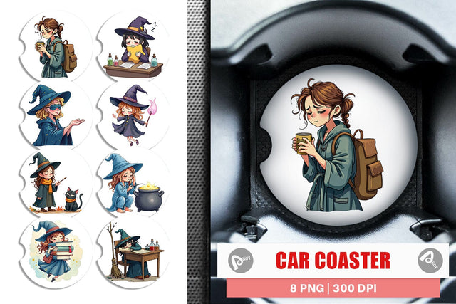 Car Coaster Sleepy Witch Intern Sublimation artnoy 