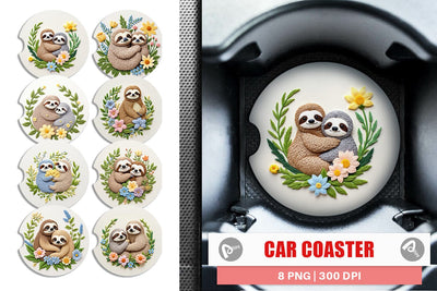 Car Coaster Sloth Embroidery Sublimation artnoy 