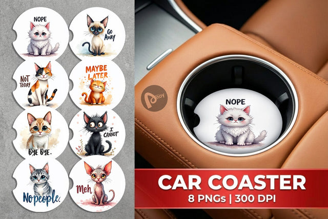 Car Coaster Snarky Felines Watercolor Sublimation artnoy 