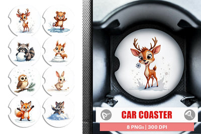 Car Coaster Snowy Playtime Big-Eyed Forest Friends Sublimation artnoy 