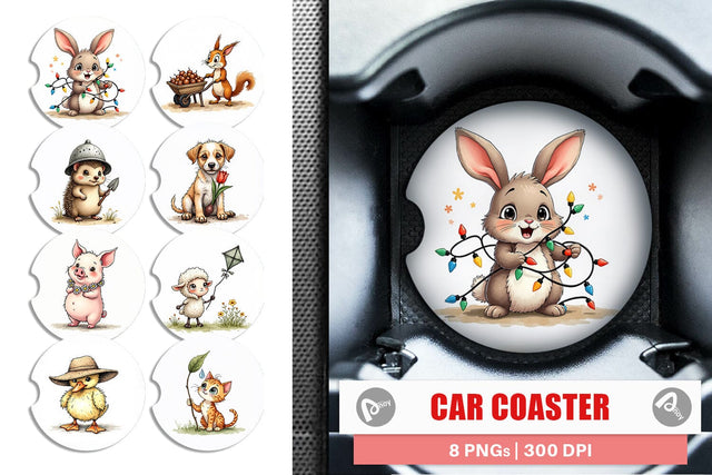 Car Coaster Springtime Shenanigans Playful Animal Antics Sublimation artnoy 