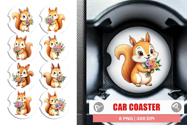 Car Coaster Squirrel Spring Bouquet Sublimation artnoy 