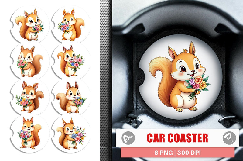Car Coaster Squirrel Spring Bouquet Sublimation artnoy 