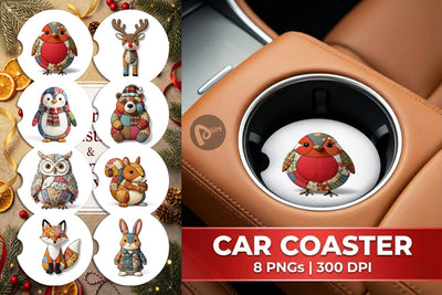 Car Coaster Stitched Woodland Animal Patchwork Sublimation artnoy 