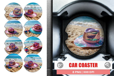Car Coaster Straw Hats on Sand Beach Sublimation artnoy 