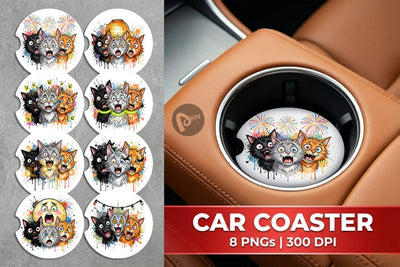 Car Coaster Summer Night Panic Cats Watercolor Sublimation artnoy 