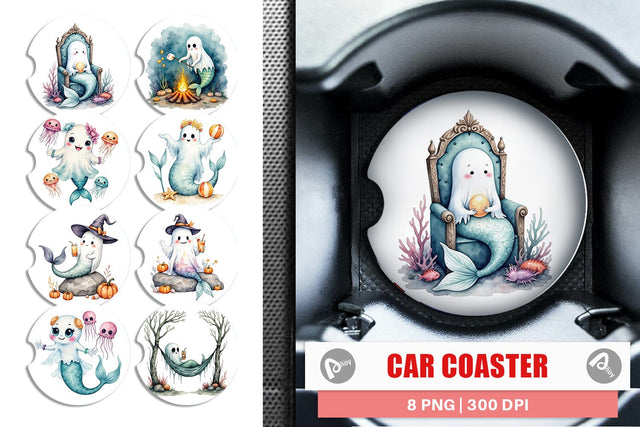 Car Coaster Summerween Ghost Mermaids Sublimation artnoy 
