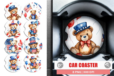 Car Coaster Teddy Bear 4th of July Sublimation artnoy 