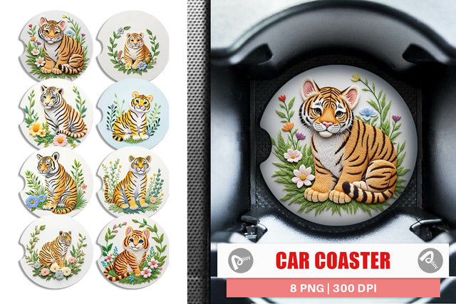 Car Coaster Tiger Embroidery Sublimation artnoy 