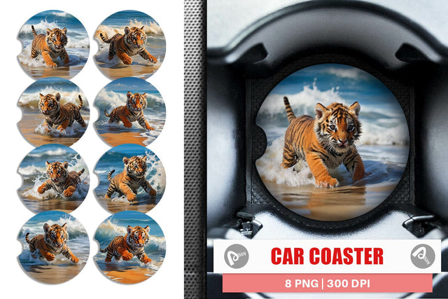 Car Coaster Tiger Running on Beach Sublimation artnoy 